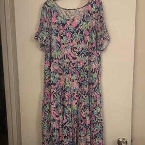 Lilly Pulitzer Navy Tiered Maxi Dress with Pink & Green Accents